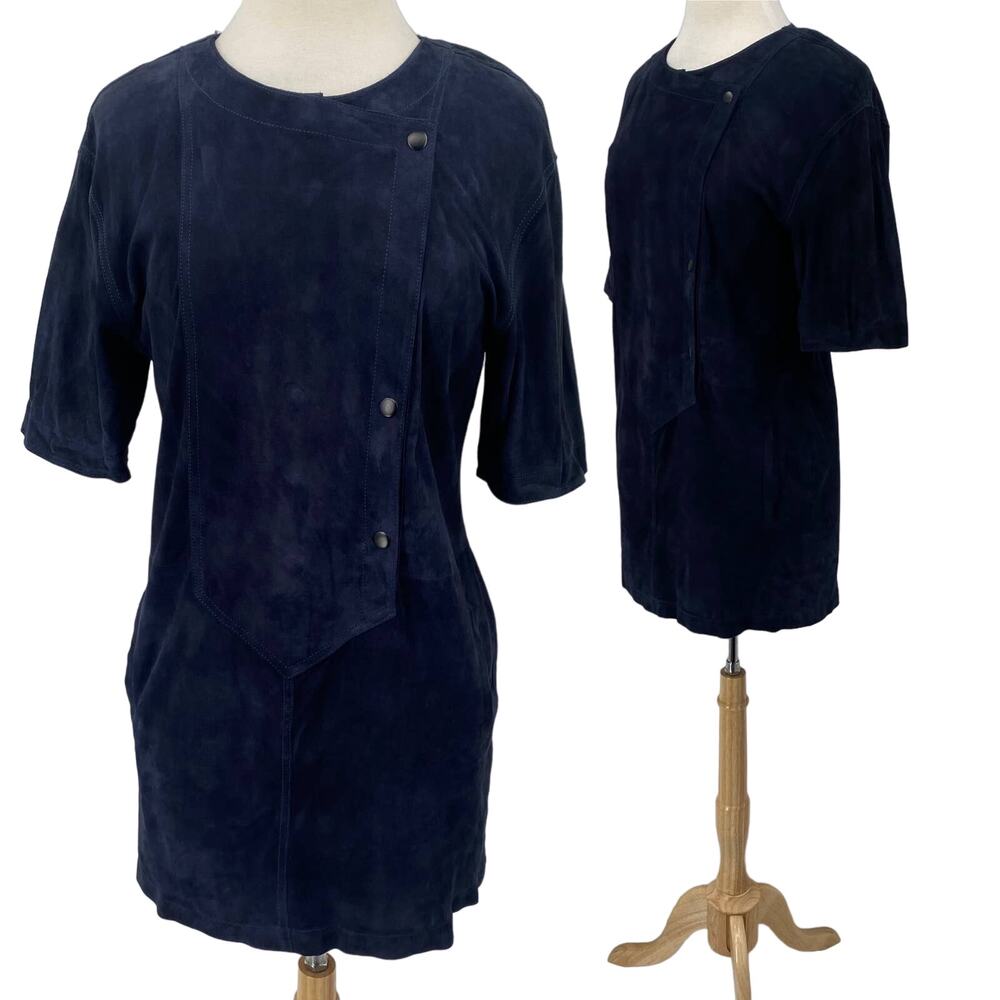 ALC Mini Dress Goat Suede Leather Short Sleeves Silk Lining Navy Blue Womens 4